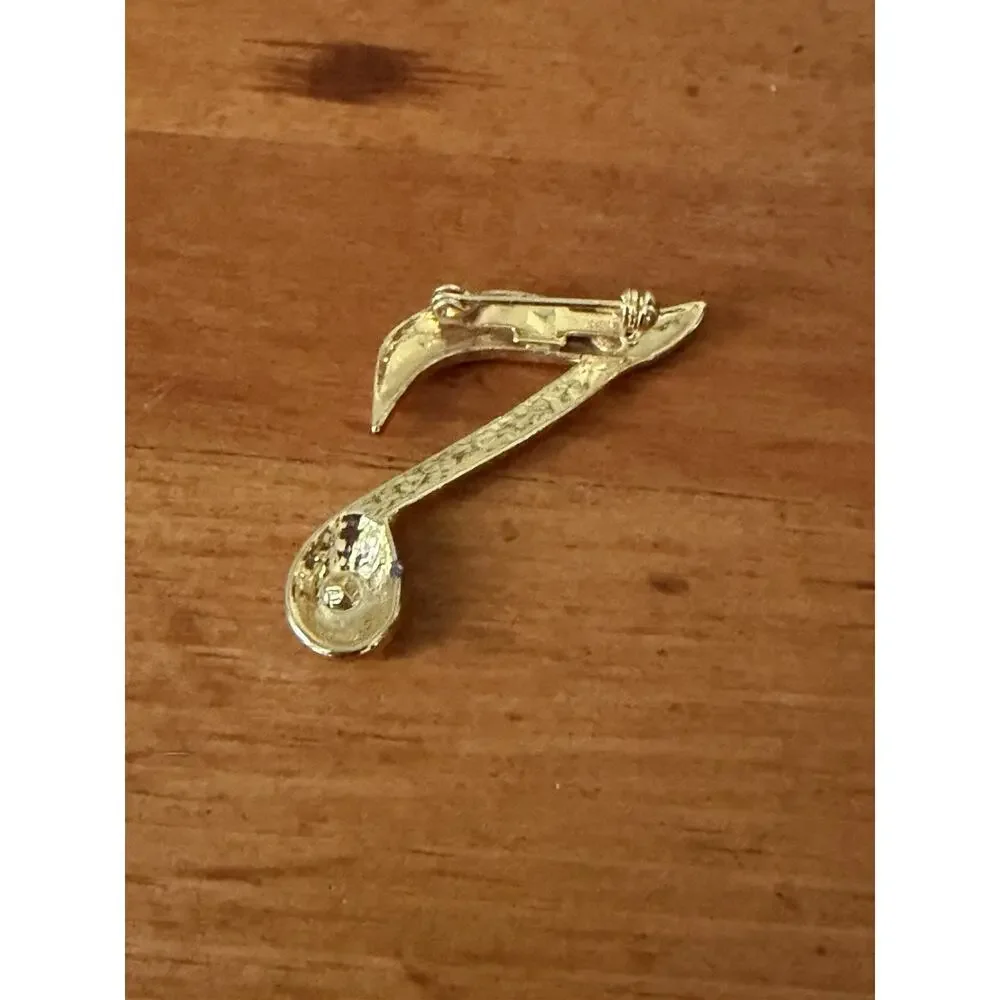 Vintage Gold Tone Musical Note Brooch Rhinestone Eighth Note Music Lover Pin